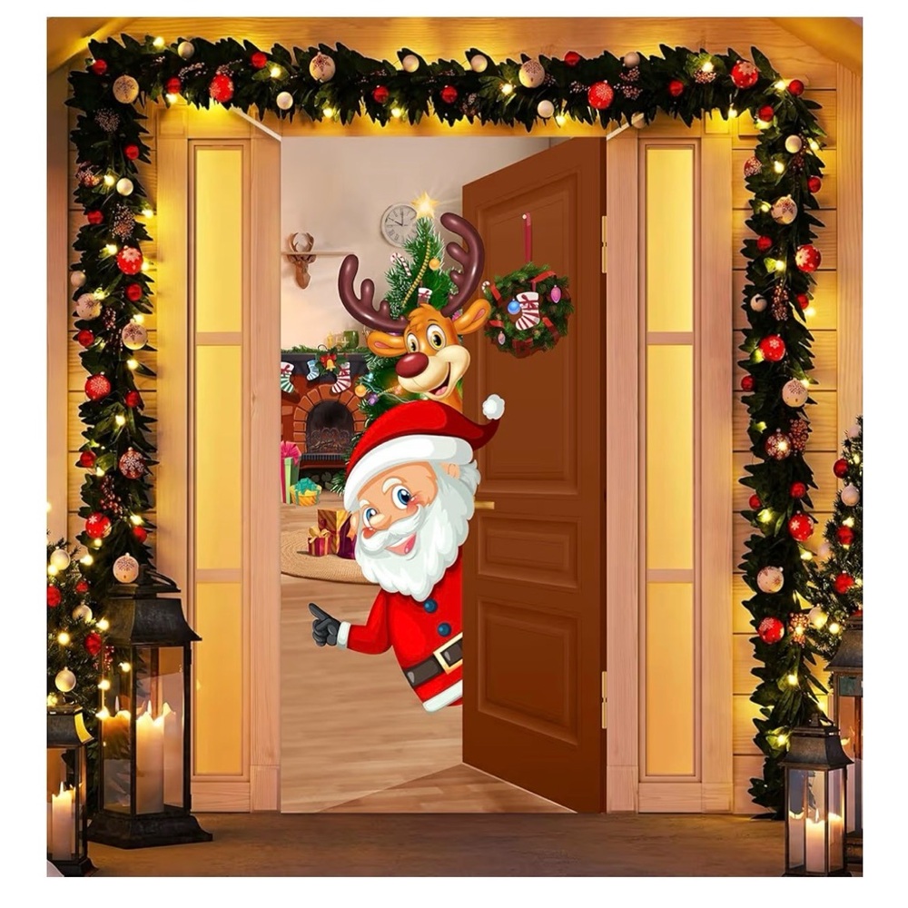 Santa Reindeer Open the Door Backdrop, 35 x 79, Xmas Door Cover
